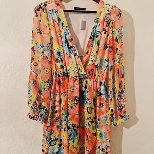 Faux neon floral wrap dress